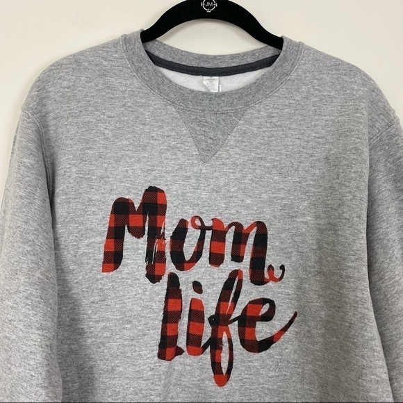 MOM LIFE Buffalo Plaid Cozy Crewneck Popover Sweatshirt Small Oversized Casual - Picture 3 of 6